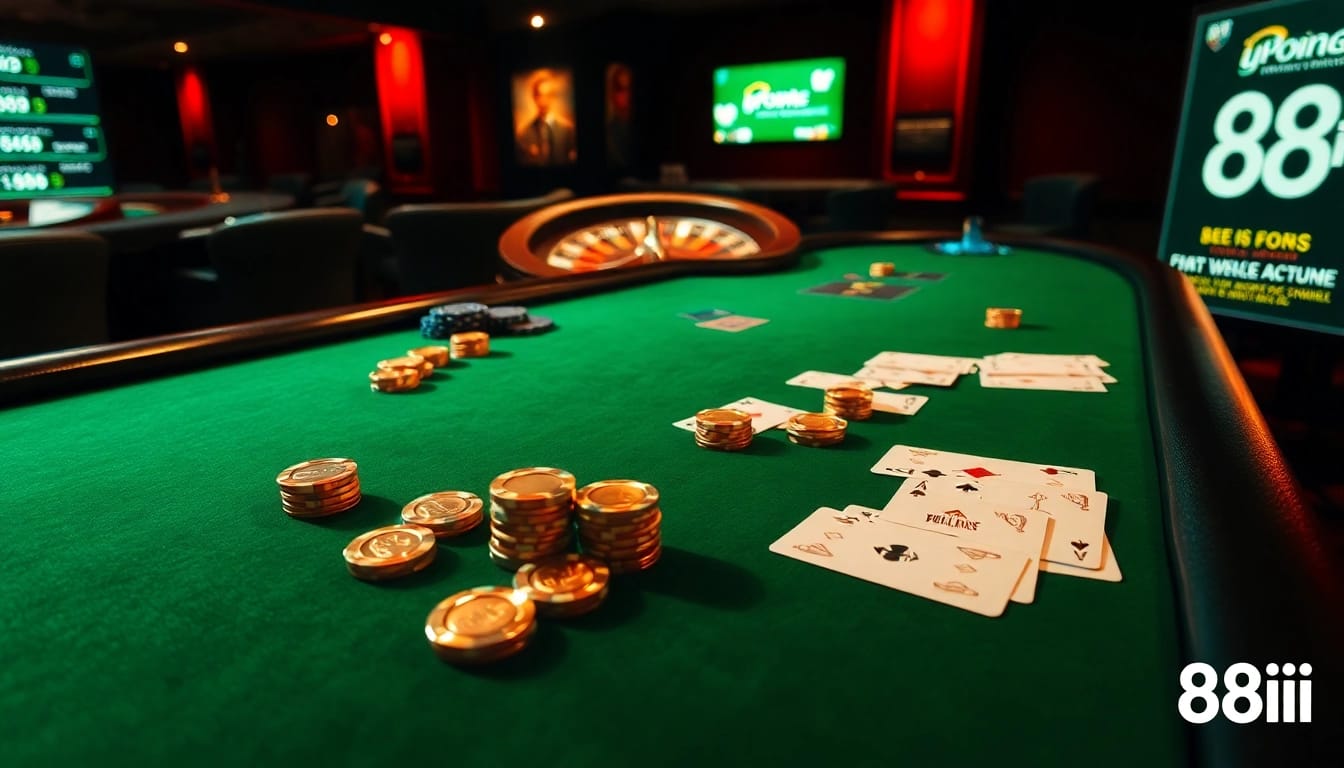 Players engaging in a high-stakes poker game at 88i casino, showcasing exciting gambling action with poker chips and cards.