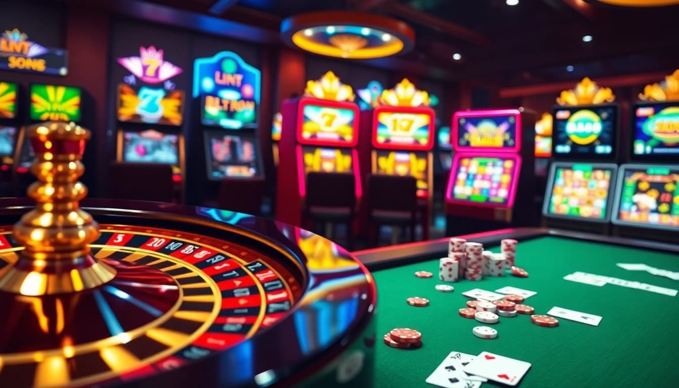 Experience thrilling wins at bancadoithuong with vibrant casino elements like roulette wheels and poker chips.