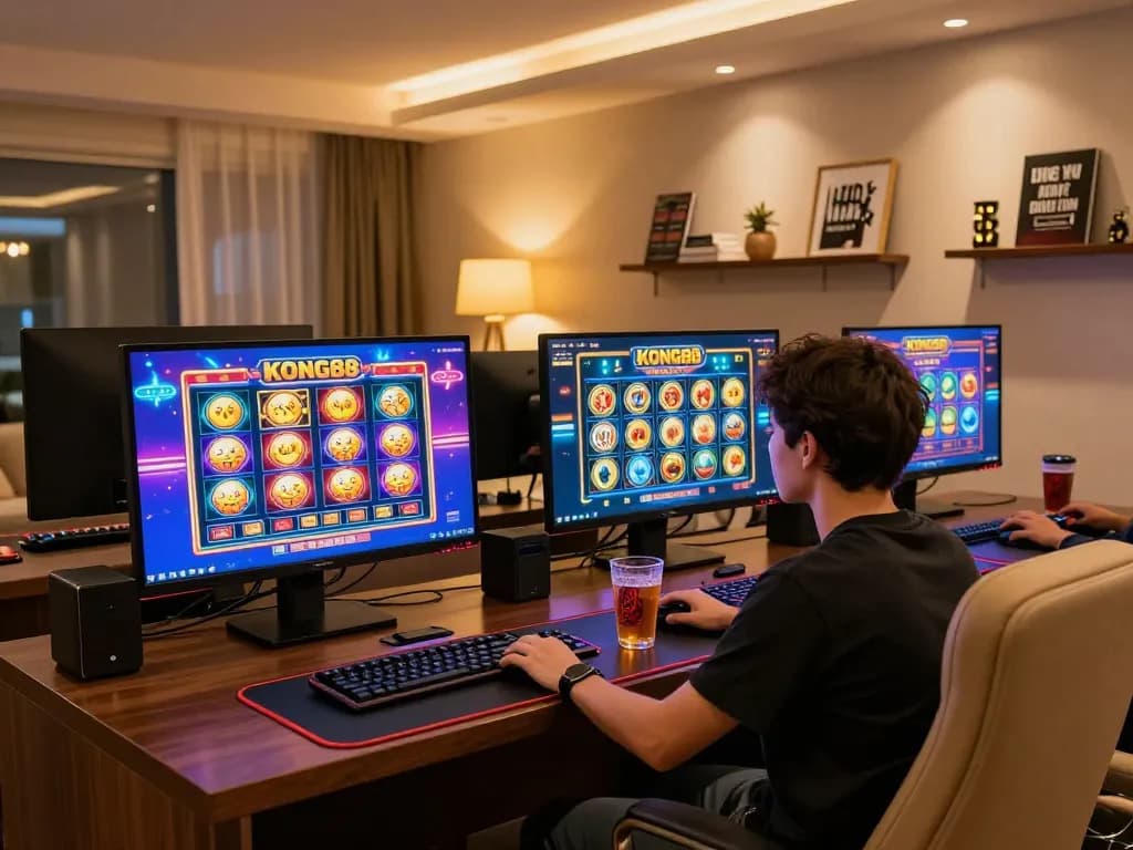KONG88 player engaged in thrilling online slots at a stylish home office setup
