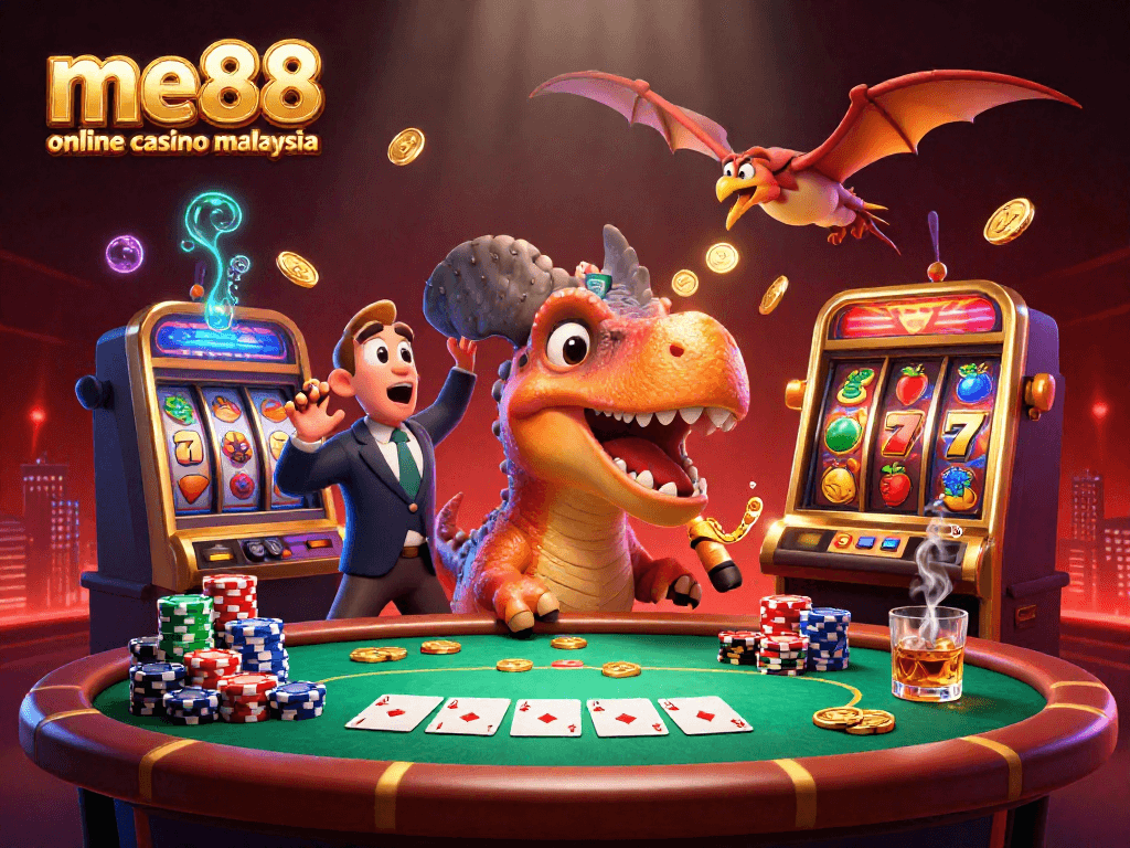 Experience thrilling action at me88 online casino malaysia with a cartoon dinosaur winning jackpot coins from a slot machine.