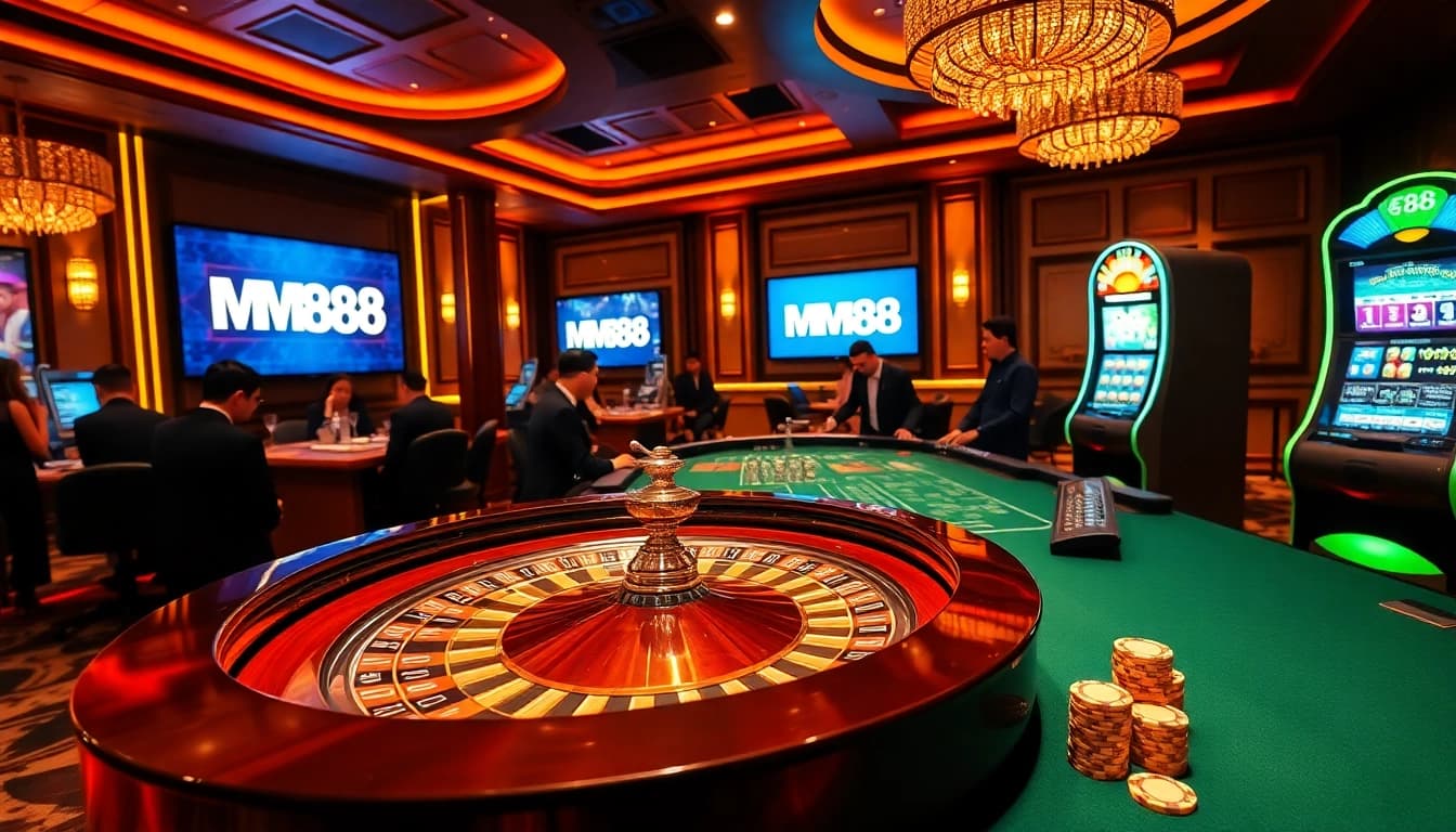Winning moment at MM88's luxurious roulette table with focused gamblers and vibrant decor.
