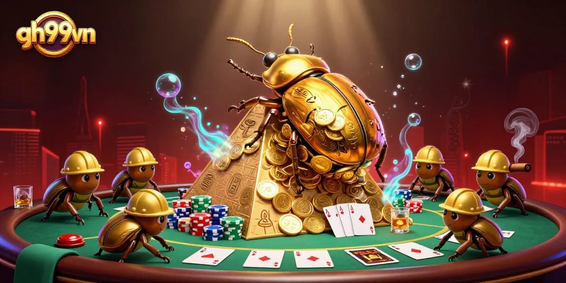 Experience vibrant gaming at qh99vn with a golden beetle rolling coins surrounded by poker elements.