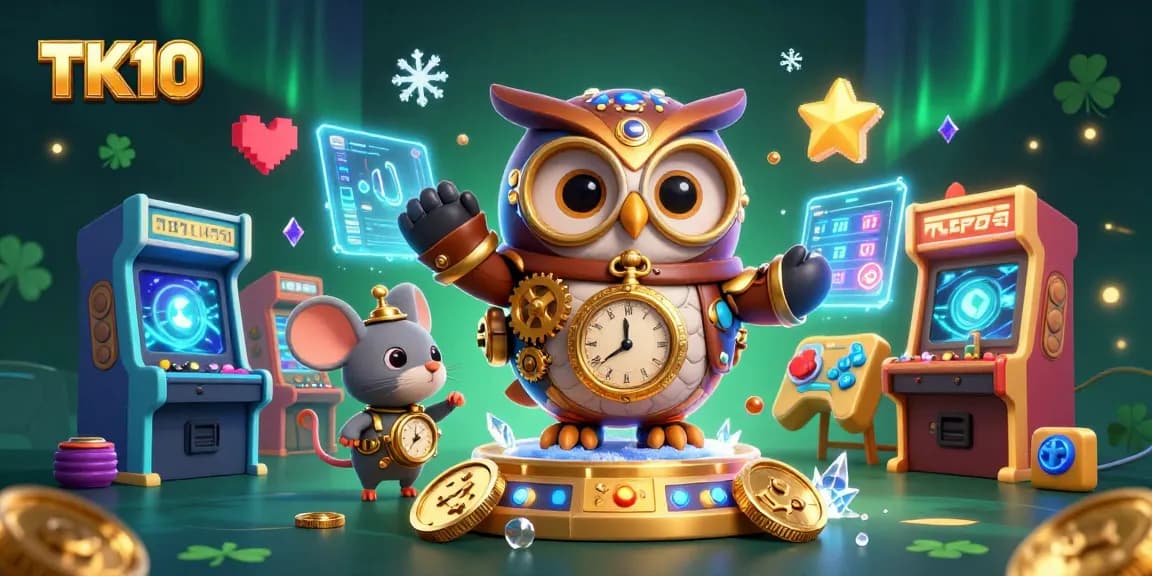 Engage in thrilling gaming experiences with the dynamic TK10 casino scene featuring unique characters and bright arcade elements.