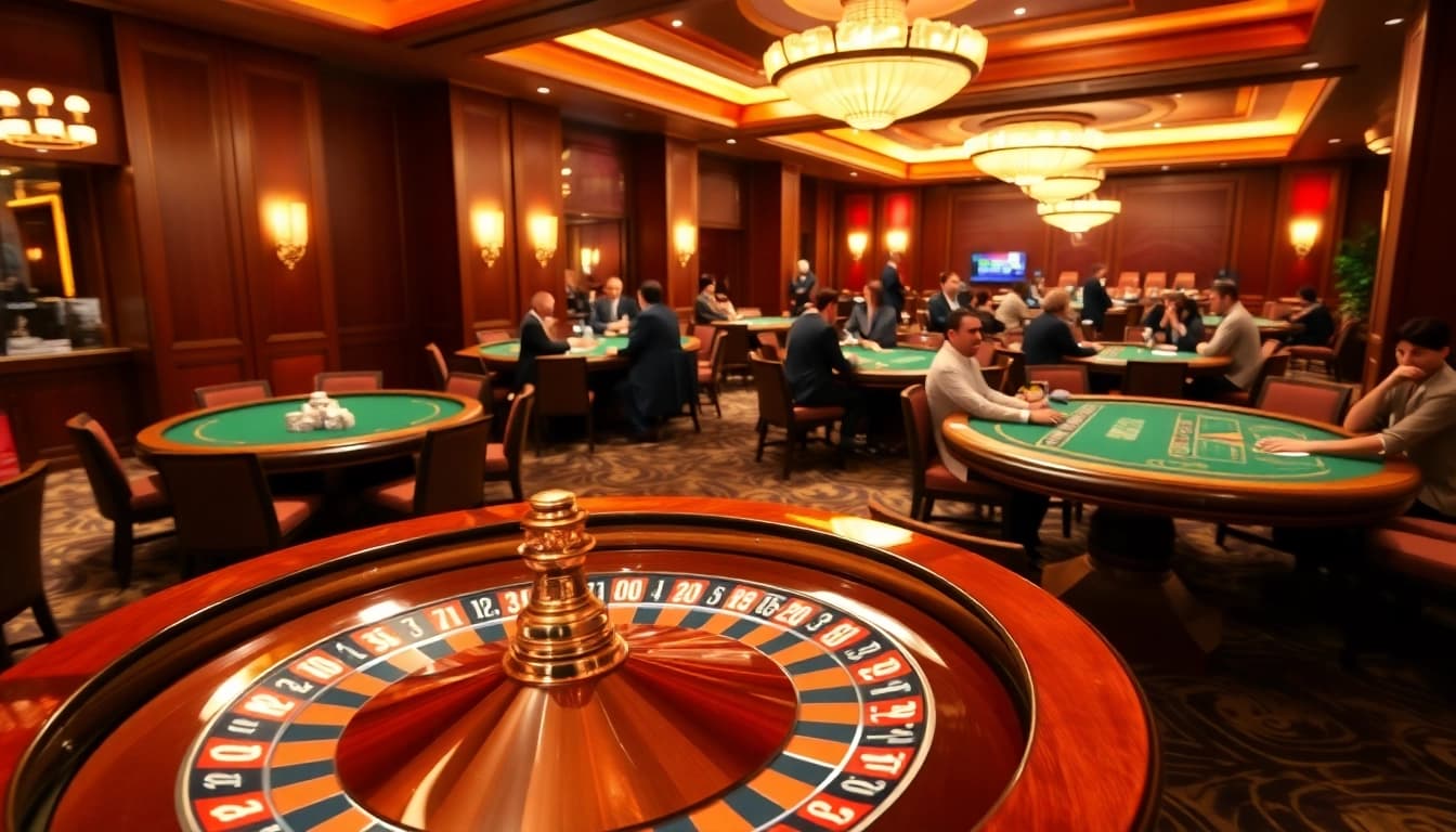 Experience thrilling gameplay at soibet, featuring luxurious tables and engaging gamblers.