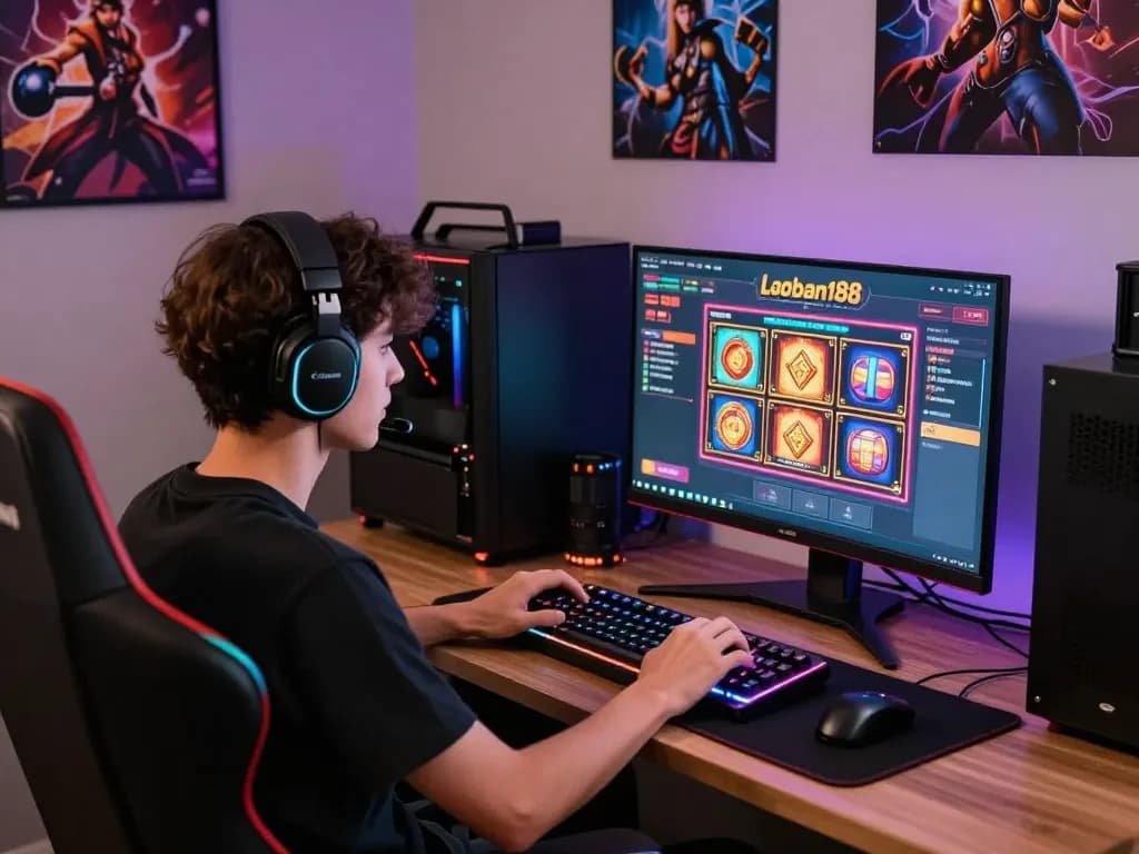 Pemain yang bersemangat menikmati laoban188 slot online dalam pengaturan permainan yang kaya warna, menampilkan teknologi modern dan aksesori permainan.