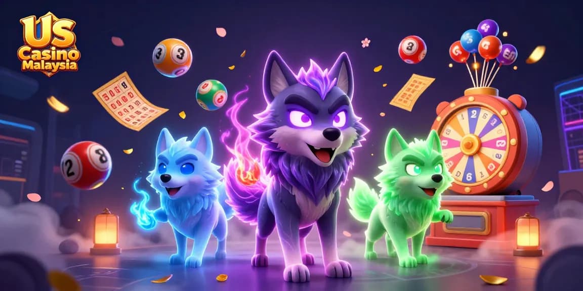 Experience thrilling gaming at Us Casino Malaysia with vibrant 3D wolves and lively lottery elements