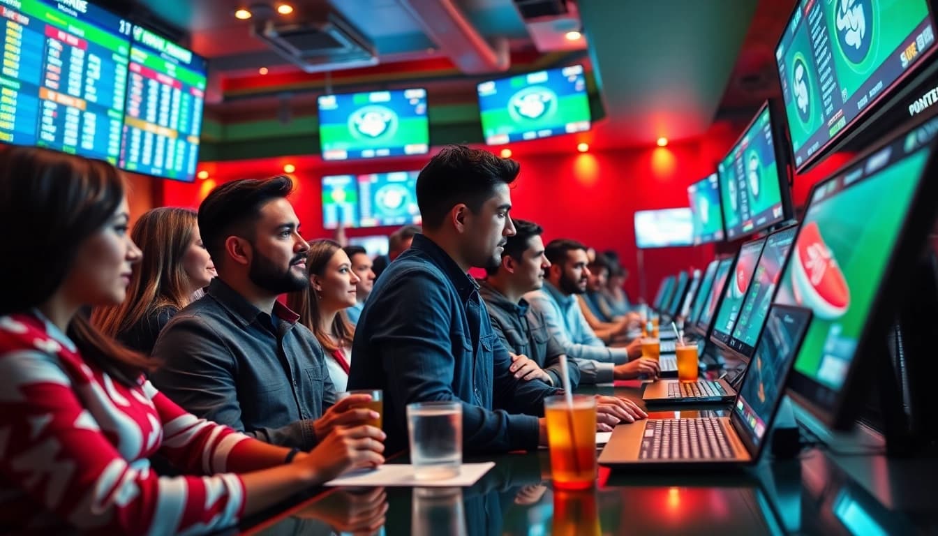 Engage in online Betting with enthusiastic fans using high-tech betting terminals in a vibrant sports bar.