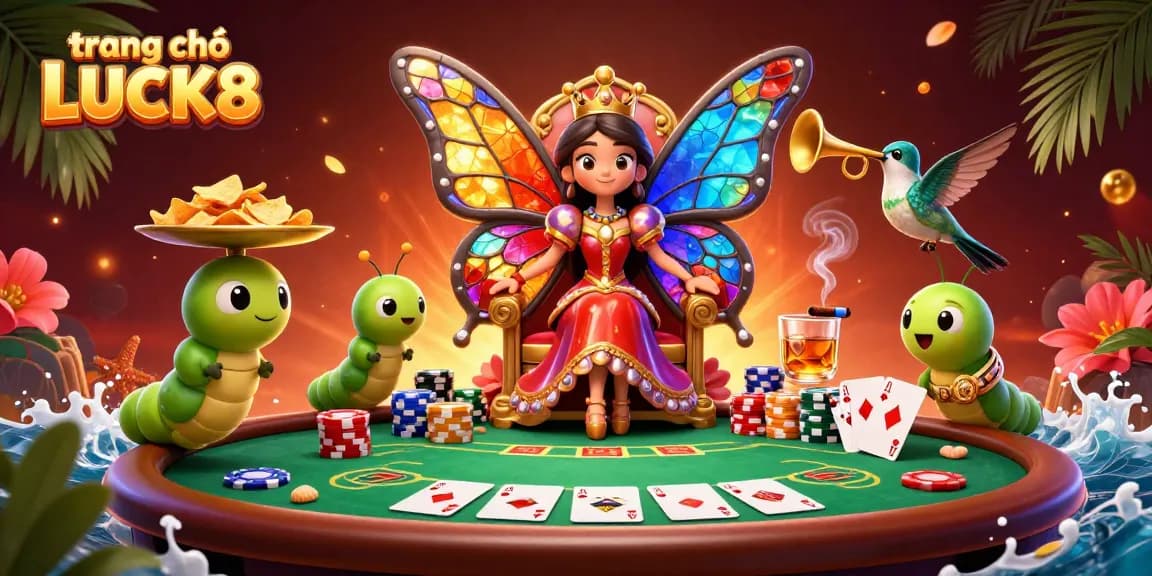 Engage with the vibrant scene of trang chủ LUCK8 featuring an elegant butterfly queen, poker elements, and lively casino atmosphere.