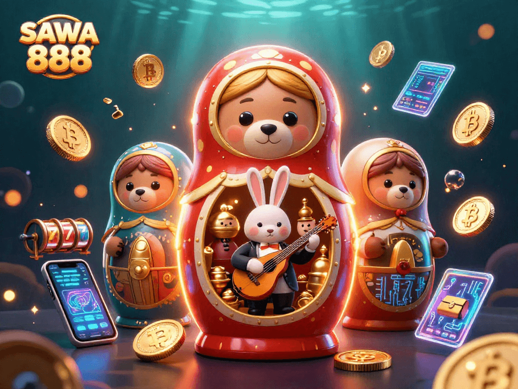 Play exciting slots at SAWA 888, featuring vibrant characters amidst glowing crypto elements.