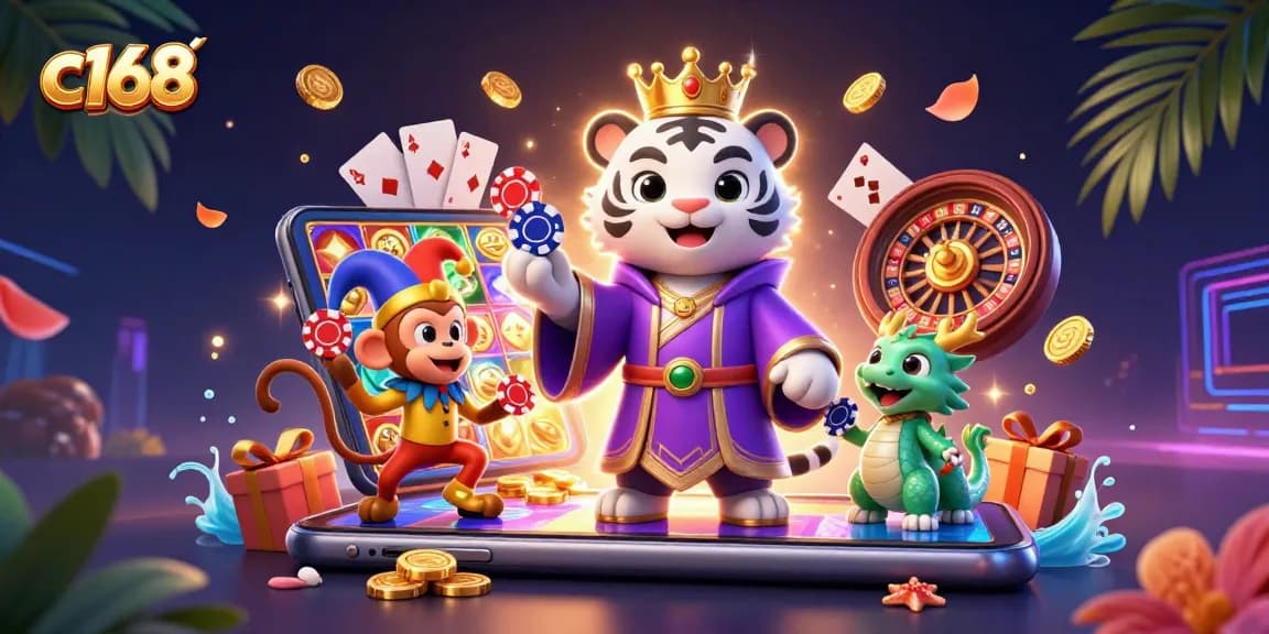 Experience the excitement of c168 with a dynamic casino scene featuring a royal tiger, playful monkey, and jade dragon.