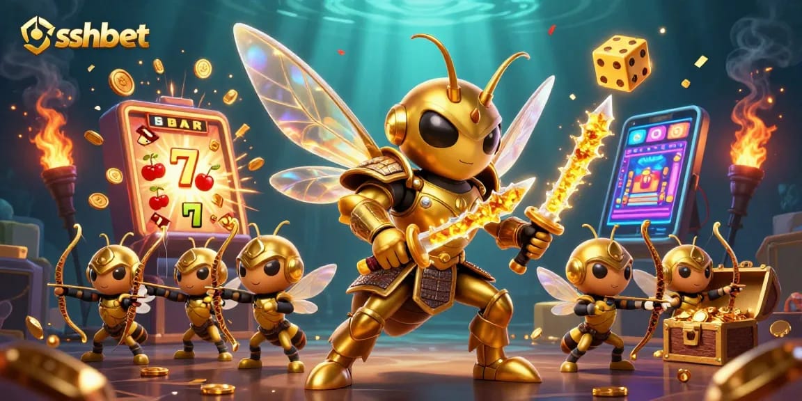 Discover thrilling wins at sshbet with a playful golden hornet samurai dodging coins and jackpots!