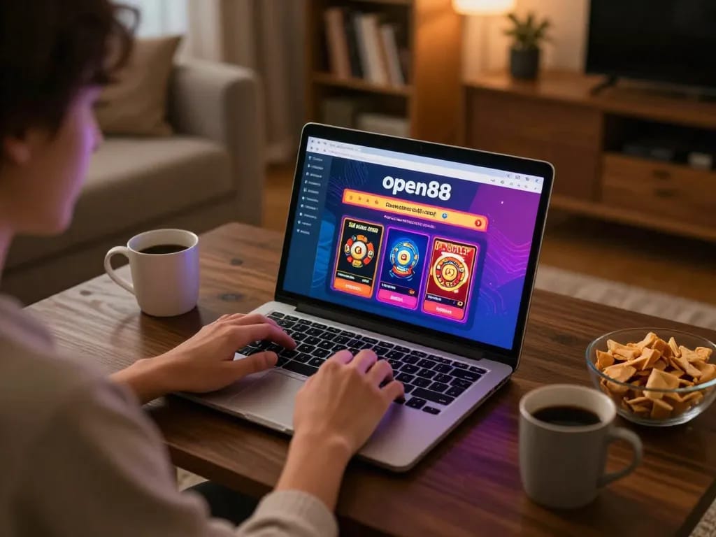 Engaging online gaming session on open88 com, showcasing vibrant casino options in a cozy home setting.