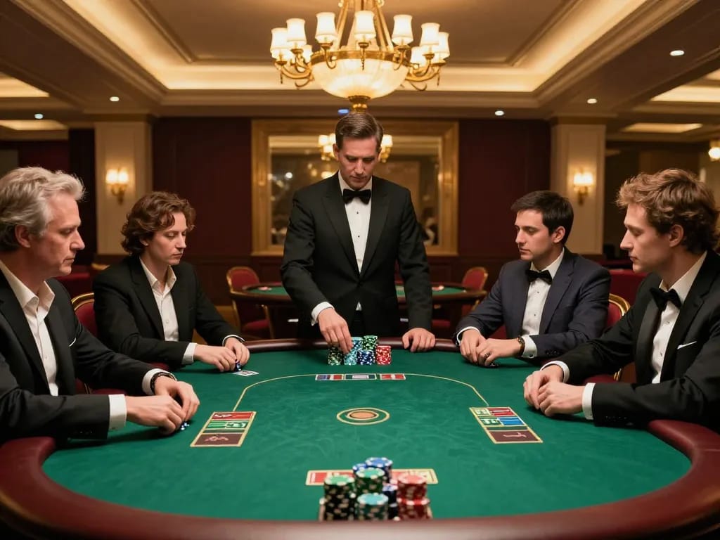 NET88 poker players engaged in high-stakes gameplay at an upscale casino.
