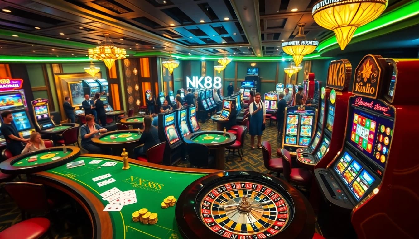 Experience the thrill of online gambling at NK88 with luxurious casino tables and slot machines.