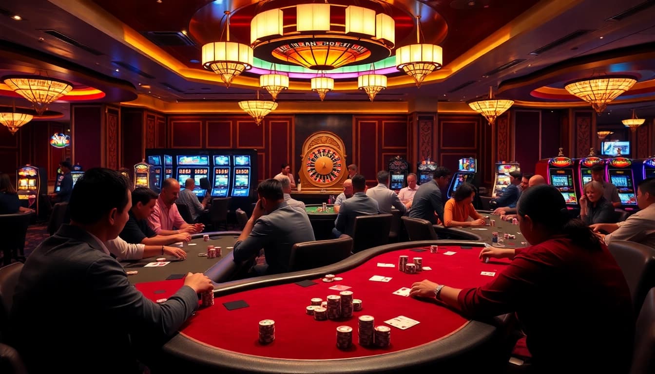 Poker players enjoying Texas Hold'em at https://789f.town/ casino with vibrant atmosphere and luxurious setting.