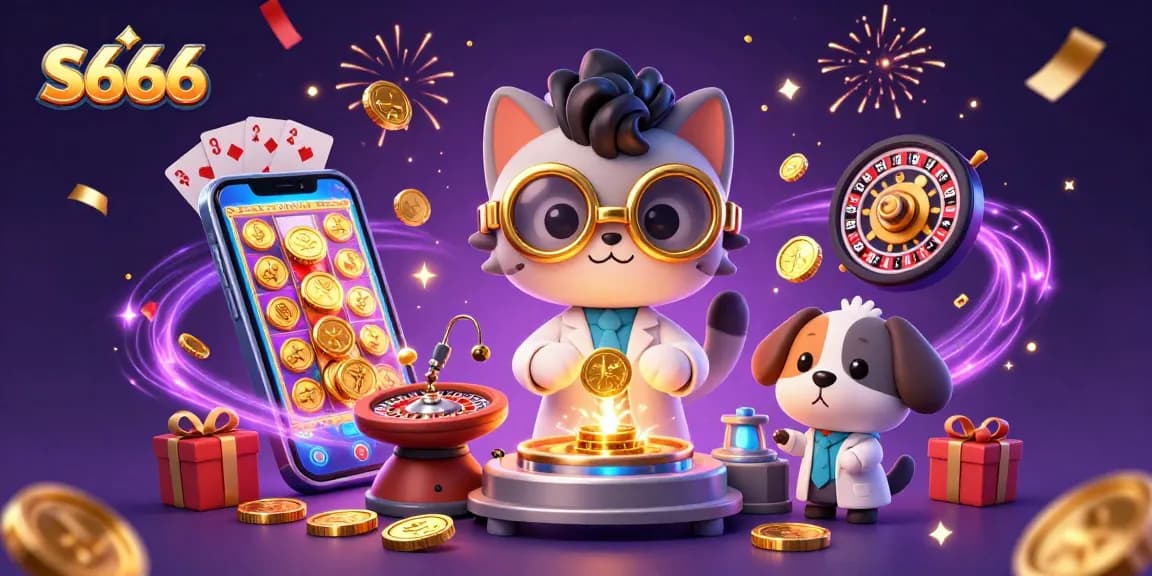 S666 immersive gaming experience with a mad scientist cat and dog amidst gold coins and vibrant slot games.