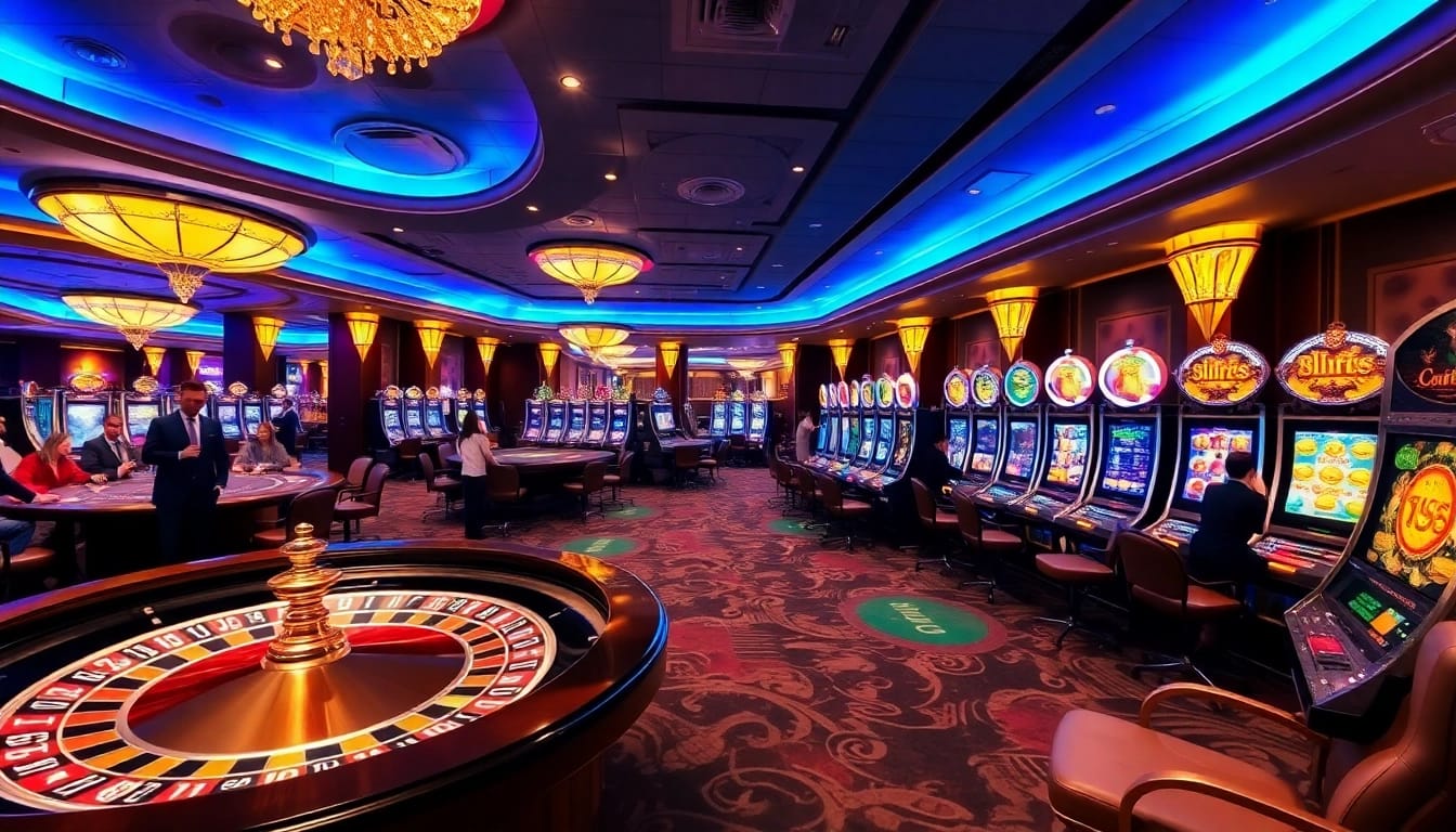 Excited gamblers enjoying a luxurious casino atmosphere at https://bl555.link/ with roulette, poker, and slot machines.