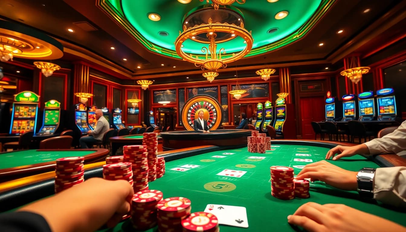 Players enjoying a game of poker in a luxurious casino scene focused on win 55 excitement.