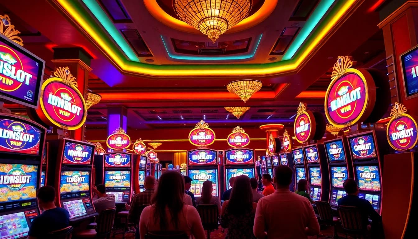 IDNSLOT players celebrating big wins at vibrant slot machines in a luxurious casino.