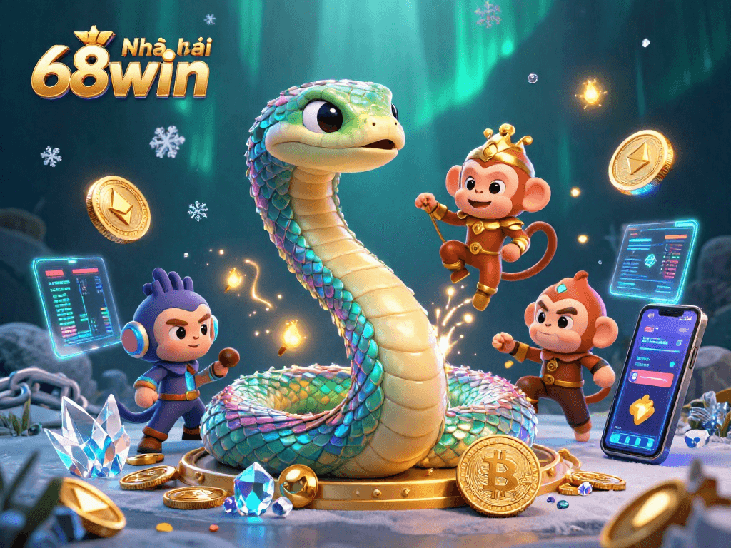 Engage with Nhà cái 68win through a vibrant 3D casino illustration showcasing enchanting characters and digital elements.