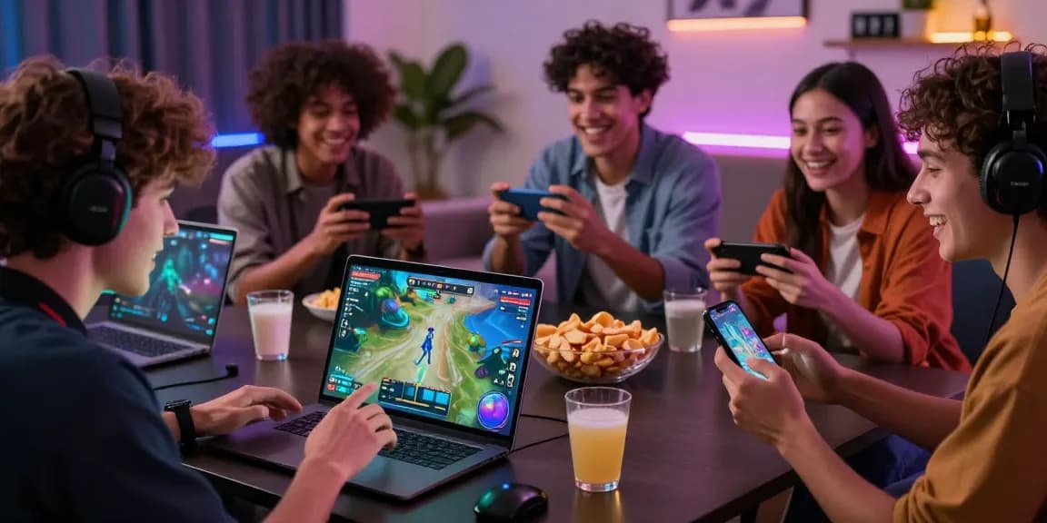 Exciting game session at 68gamebai with players engaged on laptops and smartphones in a vibrant lounge setting.