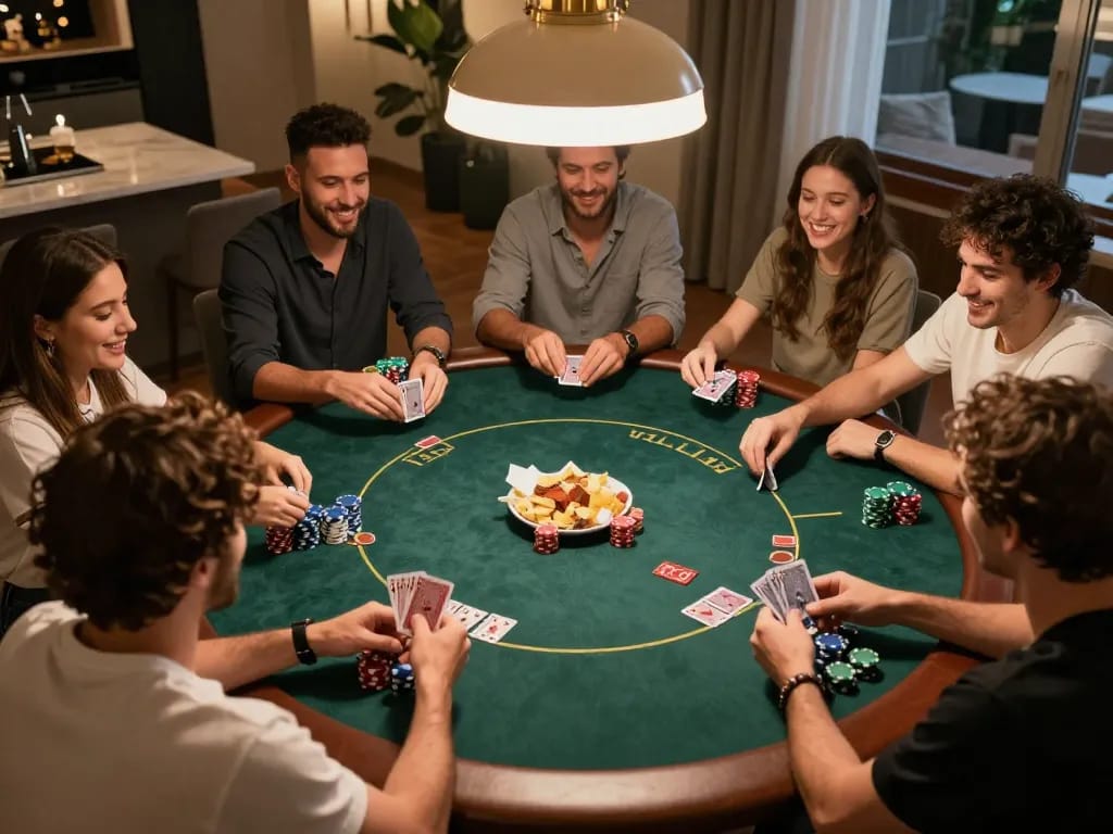 Players engage in a friendly poker game at home, showcasing go88 web experience with strategy and social interaction.