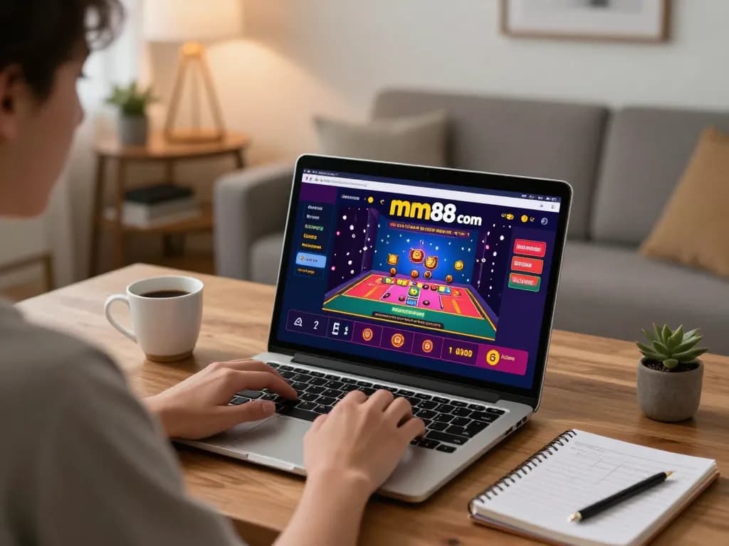 Playing live dealer games on mm88 com from home with a laptop setup and strategic notes.