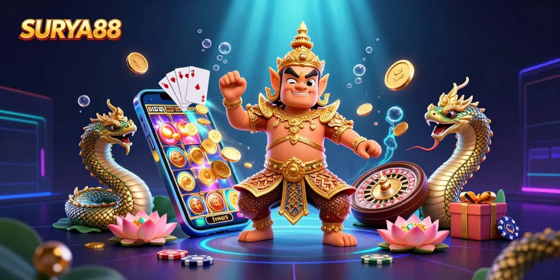 SURYA88 showcases a vibrant 3D scene with a guardian and Naga serpents amid casino elements.
