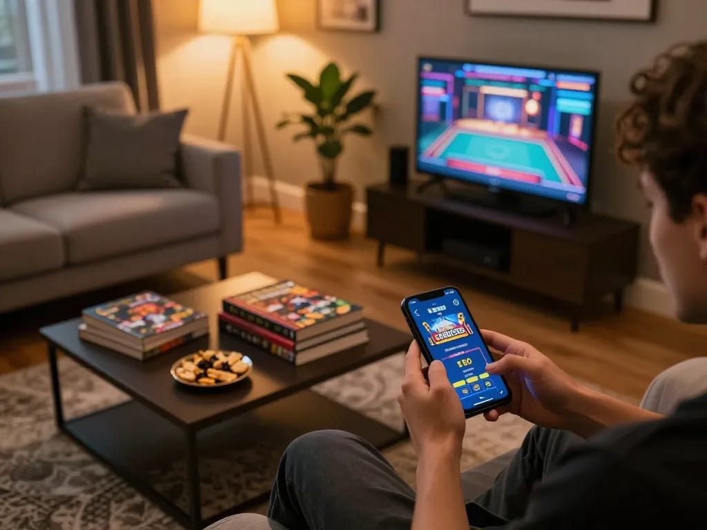 Player analyzing strategies using the lsa app on smartphone in a cozy home setting