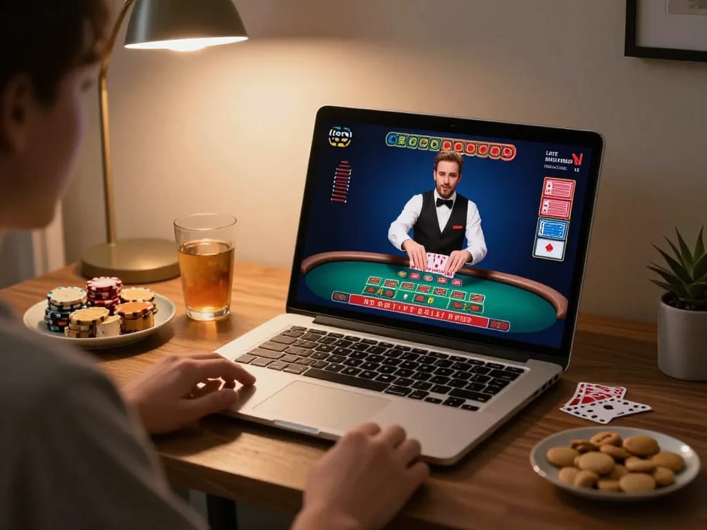 Engaging in Sun win online blackjack gameplay while placing strategic bets at home.