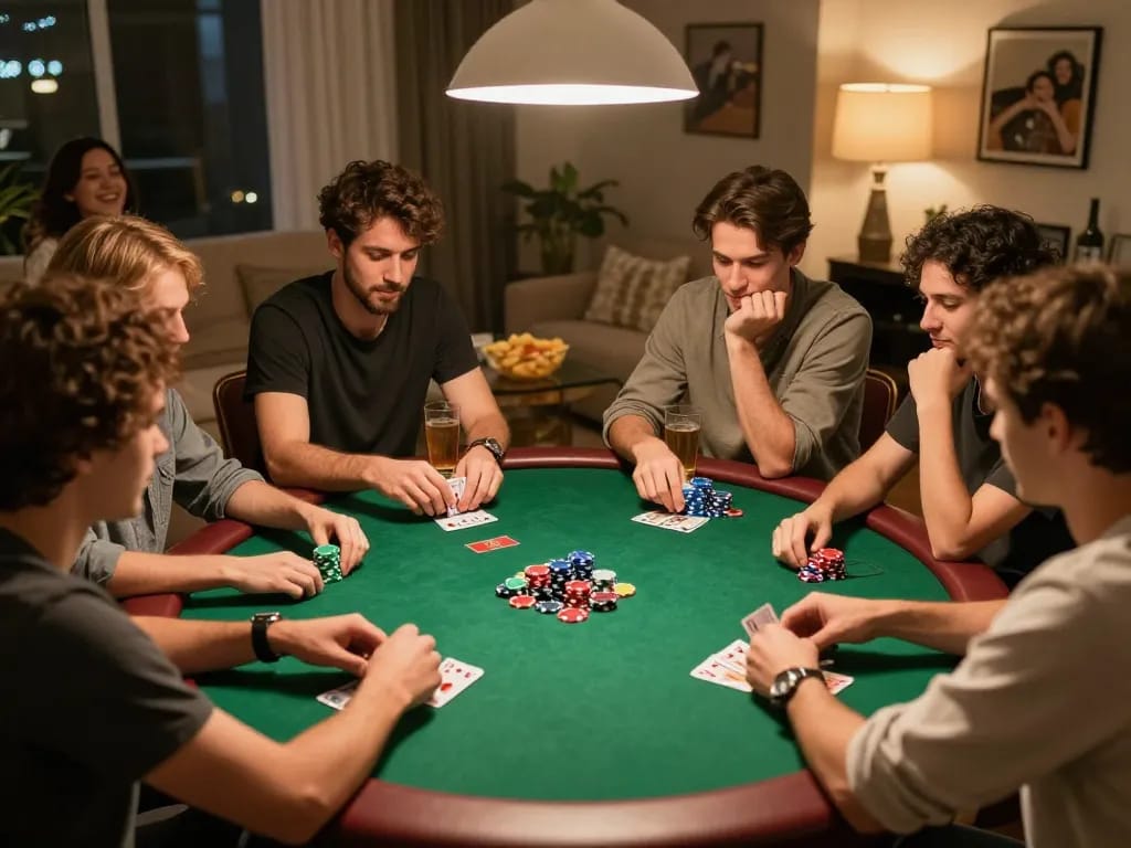 Friends engaging in a thrilling poker game at home, showcasing keonhacai betting strategies and social fun.