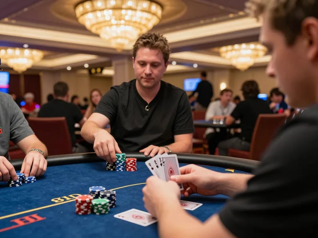 Go8 player strategizing win with cards at a vibrant casino poker table