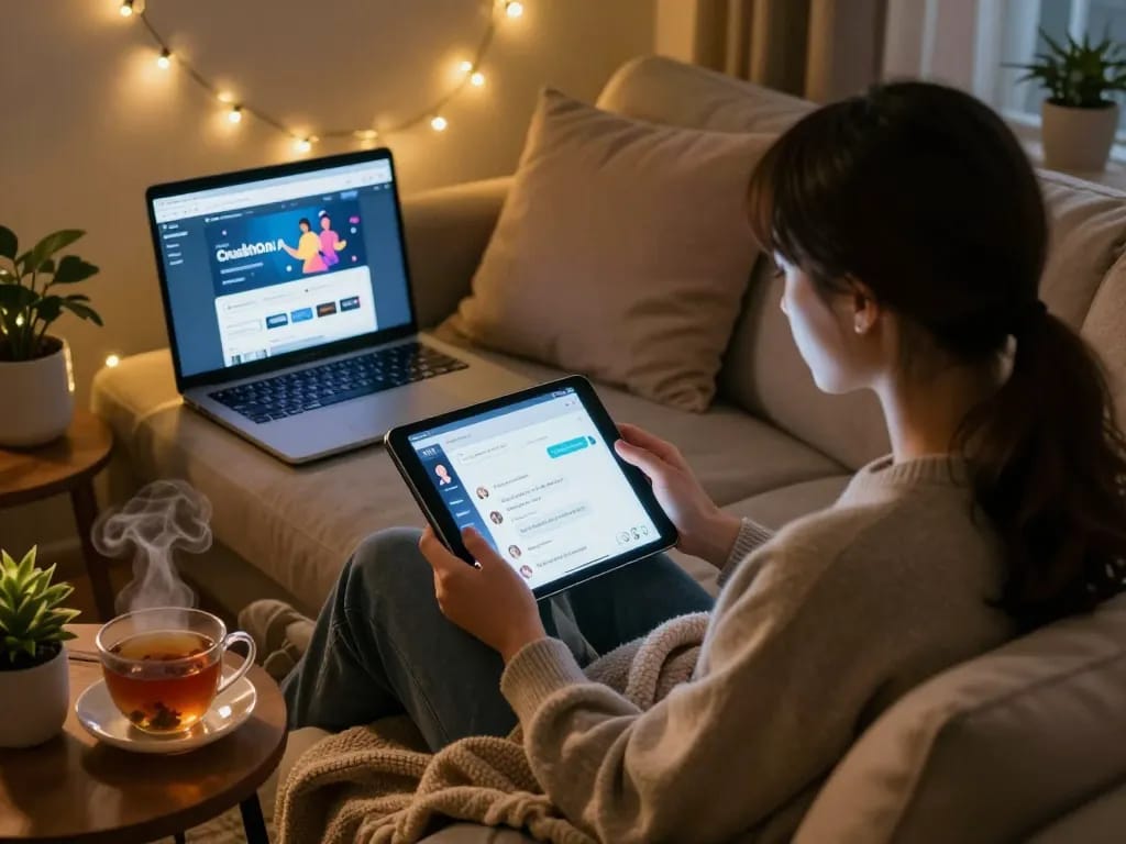 Cozy scene of a person engaging with 18+ AI chat on a tablet in a warm, inviting room.