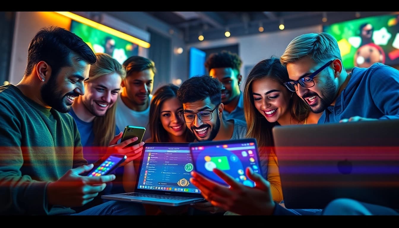 Exciting sports betting scene featuring players engaged with https://f8beta2.support/ devices in a vibrant, modern atmosphere.