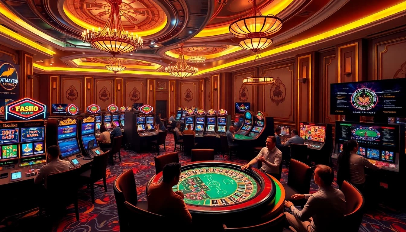 Experience the excitement of casino gaming with vibrant elements from the Batman138 platform, showcasing lively slot machines and engaging players.