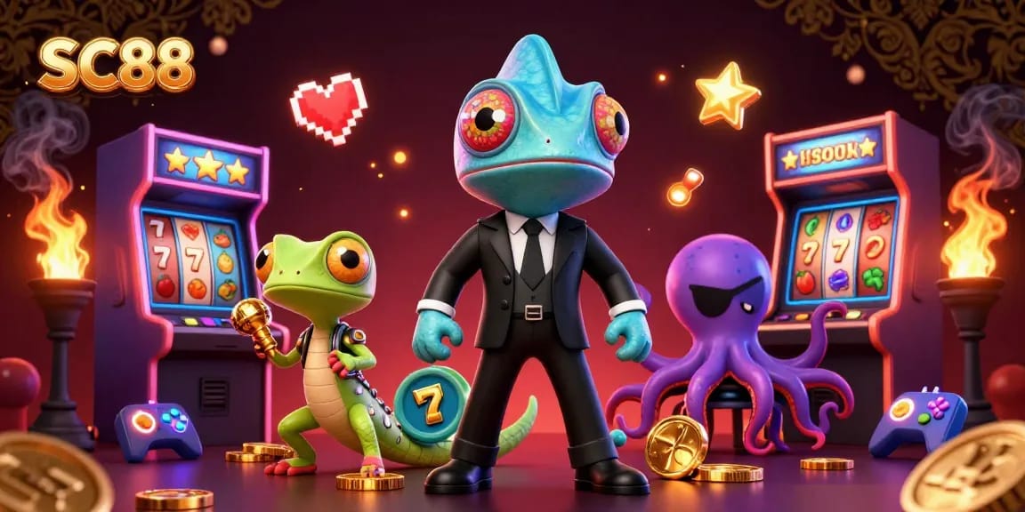 Experience the SC88 casino action with cartoon characters in a dynamic gambling scene filled with slot reels and neon game elements.