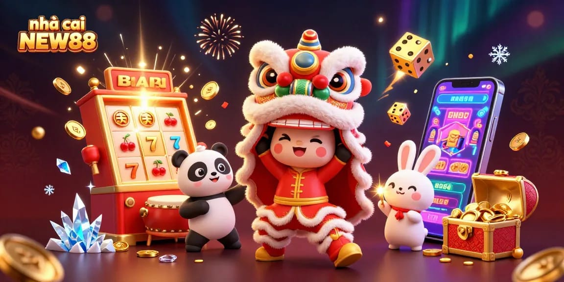 Experience fun at nhà cái NEW88's casino games through vibrant 3D illustration of slot machines and characters.