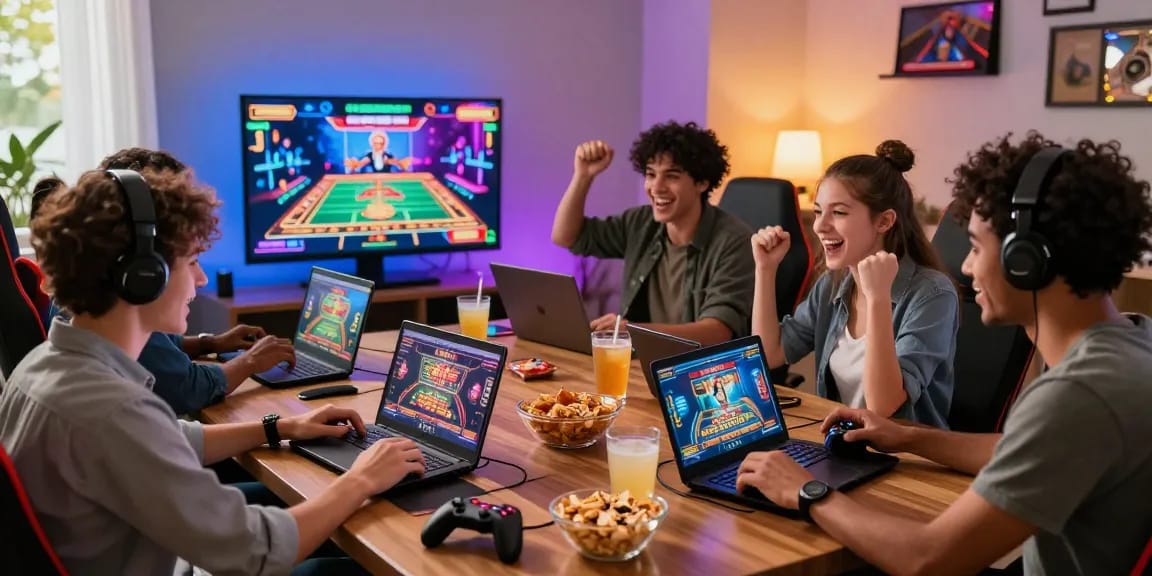 Exciting gaming room scene at https://dea.org.uk with friends enjoying online casino games, vibrant atmosphere, and colorful LED lights.