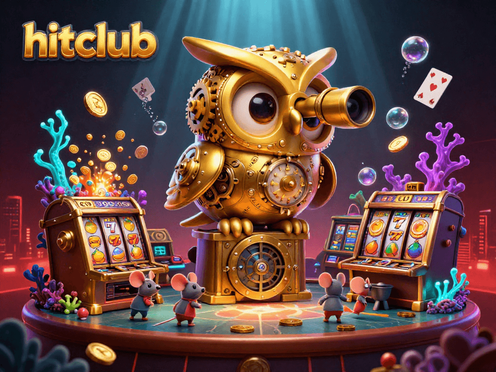 Experience thrilling slot action at hitclub with the golden owl overseeing a colorful casino scene.