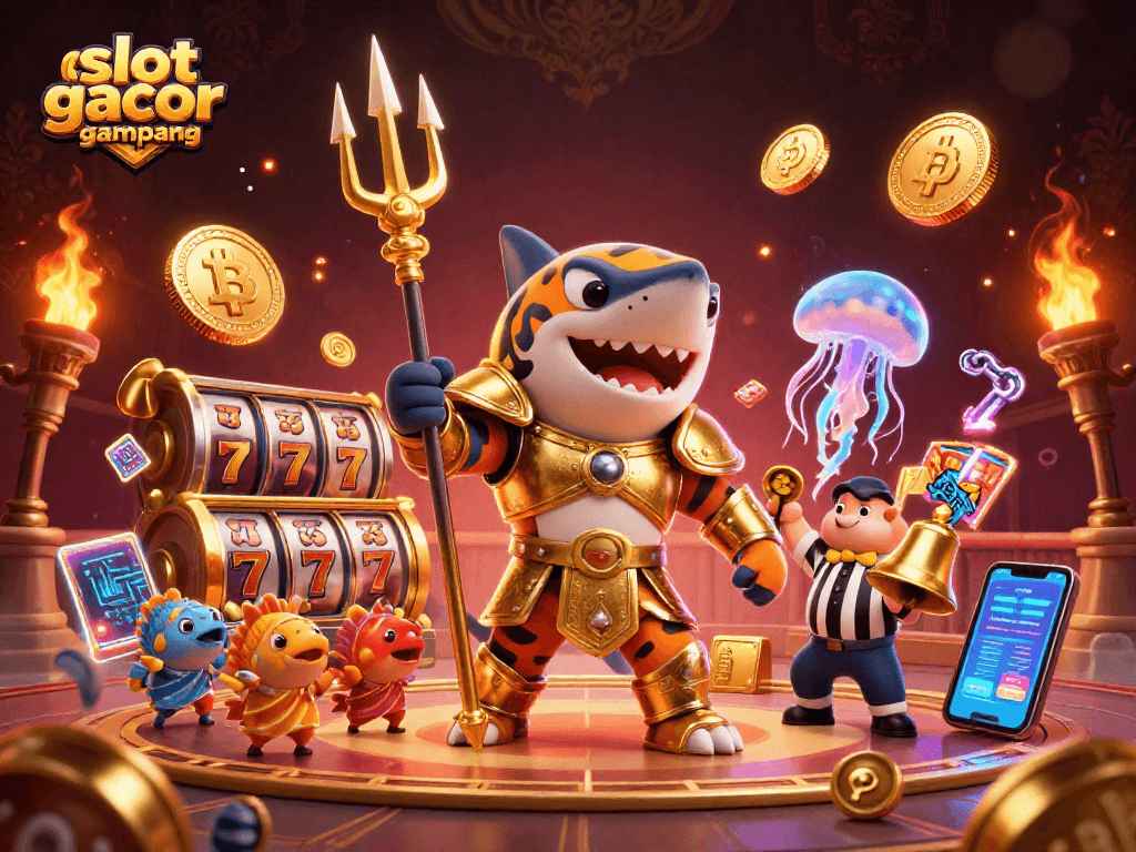 Engage with slot gacor gampang menang in a vibrant 3D scene showcasing a tiger shark and slot elements.