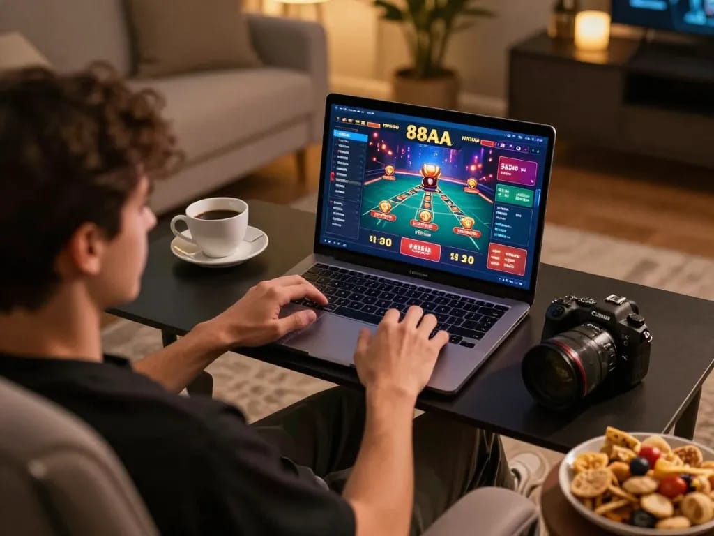Engaging in online gaming with 88 aa on a laptop in a cozy home setup, showcasing strategic gameplay