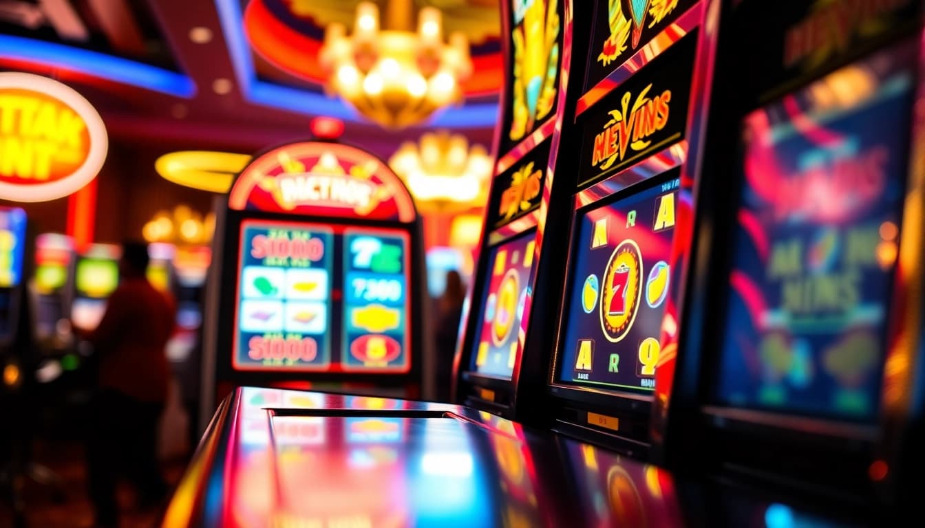 Slot gacor menampilkan mesin slot bersinar dengan simbol kemenangan di kasino.