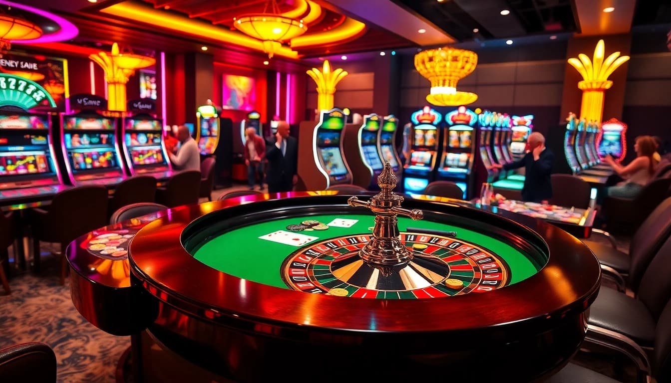 A luxury casino scene featuring vibrant slots and roulette tables from https://33win5.it.com/ for immersive gambling excitement.