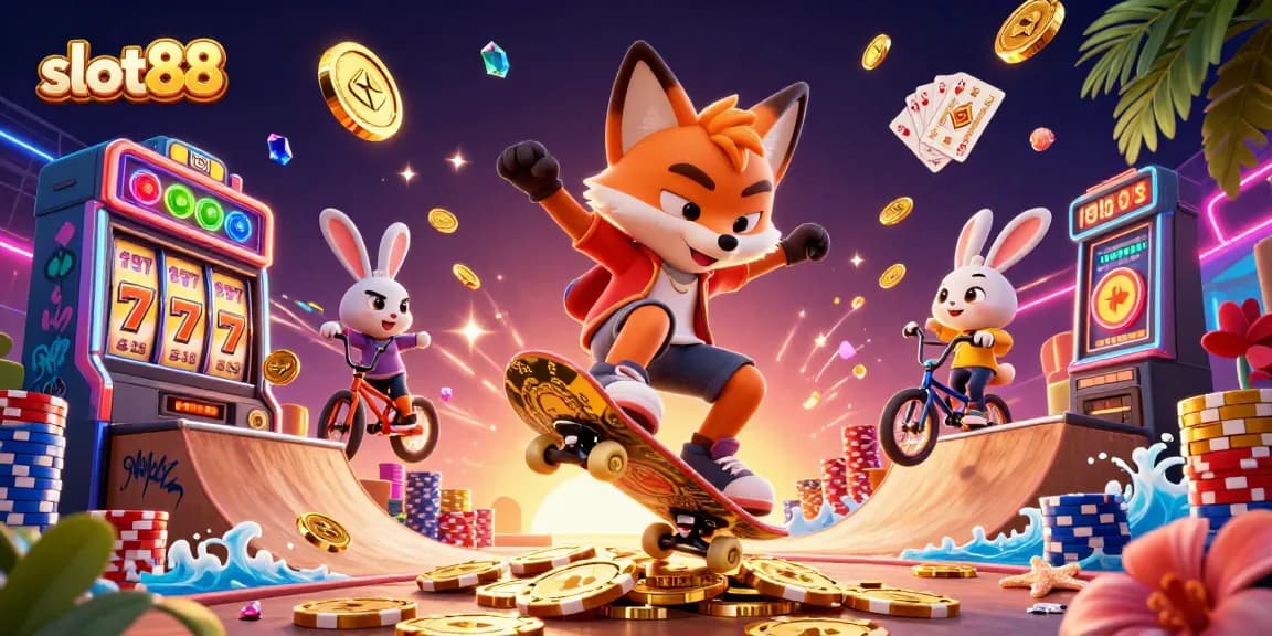 Engage with slot88 as a lively 3D cartoon scene shows a fox and rabbit enjoying vibrant casino-themed fun.