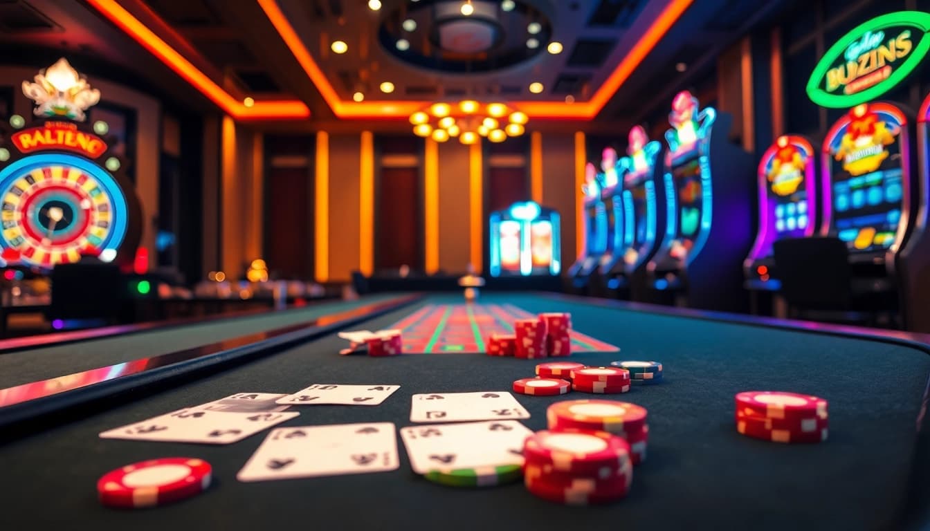 Engaging casino scene showcasing cards and slots at https://impactxoft.com with vibrant lights and professional atmosphere.