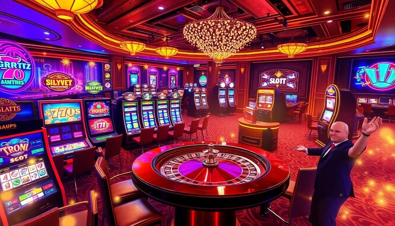 Players enjoying the thrill of slots777 machines in a vibrant casino atmosphere.