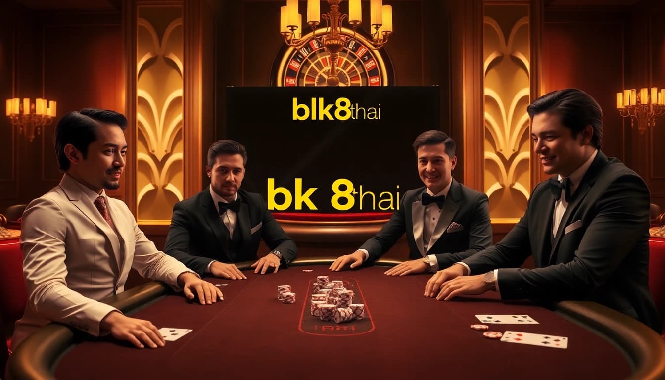 Players enjoying an exciting game at a bk8thai casino table, featuring poker chips and cards.