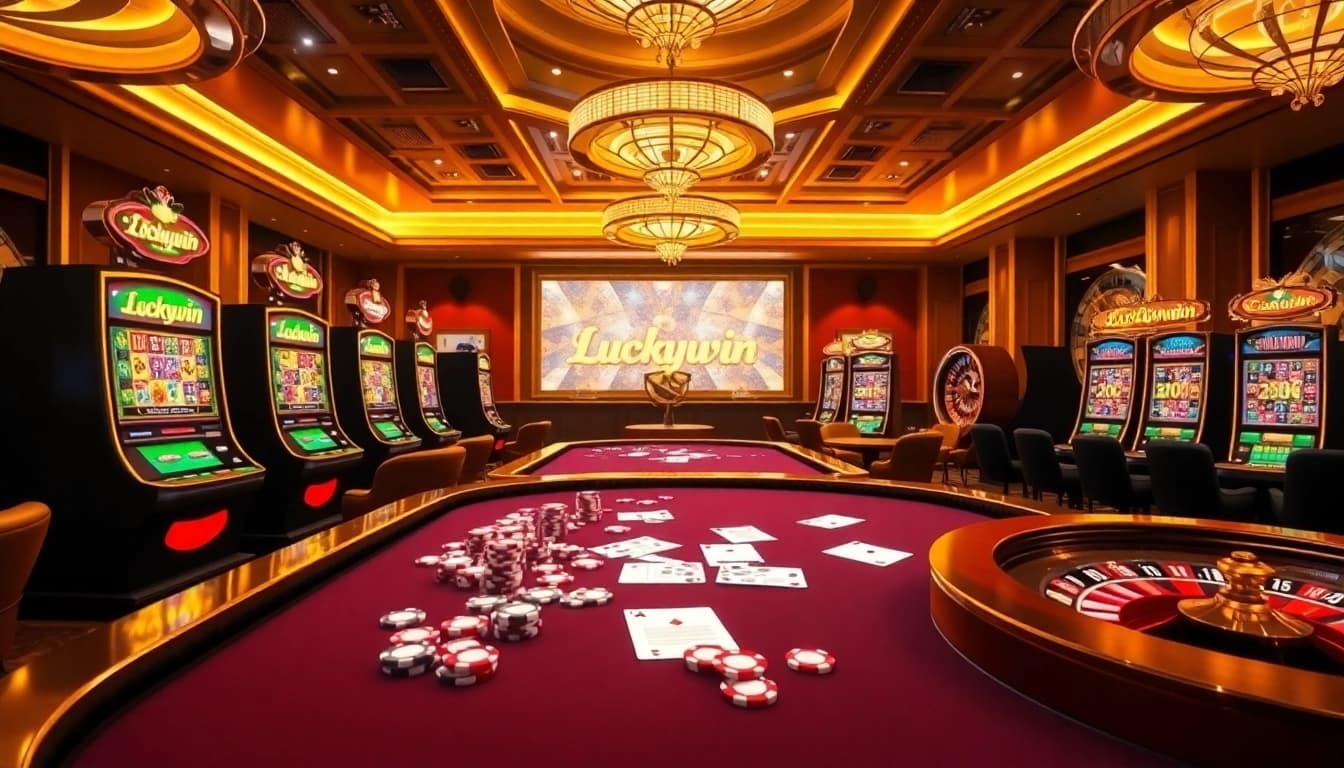 Engaging scene of Luckywin featuring modern gambling tables and vibrant slot machines.