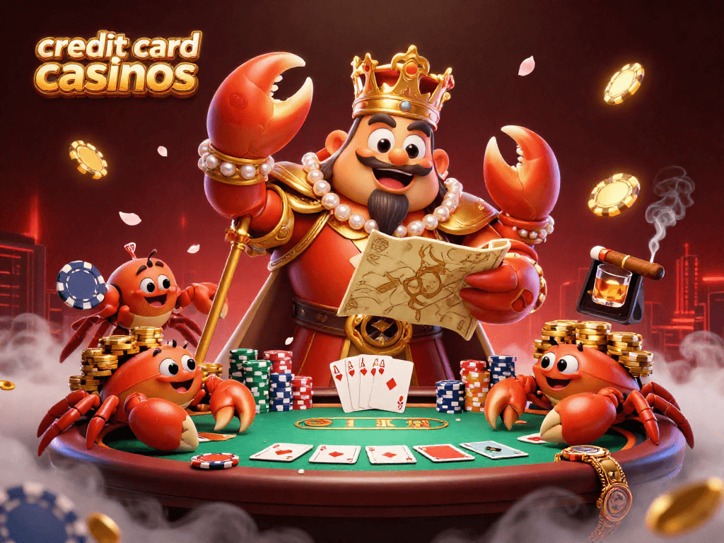 Win big at credit card casinos with the golden emperor crabs and vibrant gaming atmosphere.