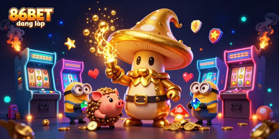 Engage in thrilling play with 86BET đăng nhập, alongside a golden mushroom wizard and gems in a captivating casino scene.